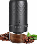 Portable Electric Burr Coffee Grinder Built To Last With Slick Steel Burrs Rechargeable 1800 MAH Battery showing grind settings and coffee grounds.