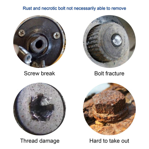 Damaged Screw Extractor Set 22 PC Stripped Kit For Broken Bolts And Screws HSS Remover Tool with examples of screw damage and bolts