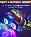 Transparent 360 Degree Light Up Music Stunt Car For Autism Sensory Play with colorful lights in motion at night.