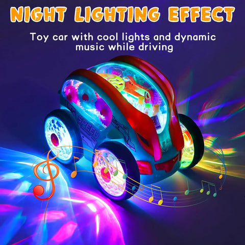 Transparent 360 Degree Light Up Music Stunt Car For Autism Sensory Play with colorful lights in motion at night.