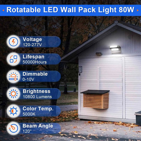 Rotatable 80W LED Wall Pack Light With Adjustable Head 5000K 10800LM highlighting features on outdoor building at night