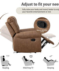 Manual Recliner Sofa Set With Overstuffed Arms And High Back Faux Leather 3 Piece Couch In Nut Brown Vintage Rivet Trim Ultra Comfy Recliners With Plush Armrests Ideal For Living Room Or Office showing adjustable reclining positions and control mechanism.