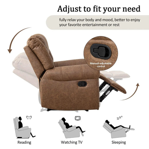 Manual Recliner Sofa Set With Overstuffed Arms And High Back Faux Leather 3 Piece Couch In Nut Brown Vintage Rivet Trim Ultra Comfy Recliners With Plush Armrests Ideal For Living Room Or Office showing adjustable reclining positions and control mechanism.