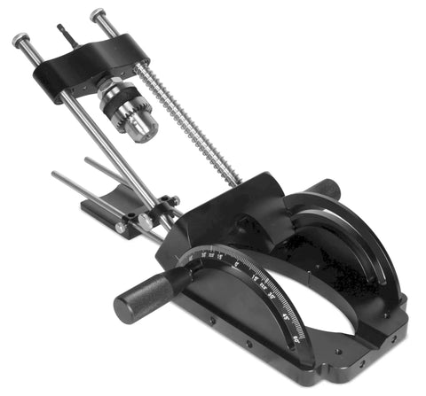 Heavy Duty Portable Drill Guide Slick Adjustable Drill Press Attachment with precision dials and aluminum base for woodworking tasks.