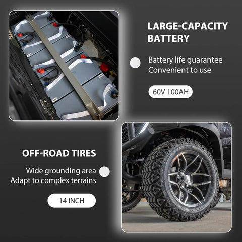 Sleek Black 4-Seater Electric Golf Cart With Raised Stance showing large-capacity battery and off-road tires design.