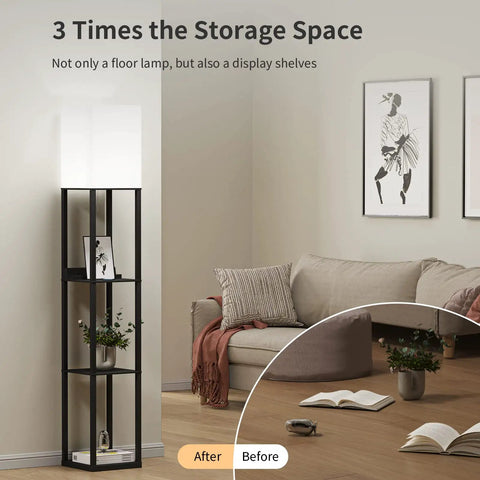 Floor Lamp With Shelves Three Tier Wooden Display Shelves USB Ports And Power Outlet Dimmable LED With 3 Color Temperatures