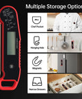 Digital Meat Thermometer For Cooking With Instant Read In Under One Second And Nine Tenths Fahrenheit Accuracy With Thermocouple Sensor IP67 Waterproof No Fuss Auto Rotating Display Auto Wake Up Red, featuring multiple storage options for ease of use in kitchens.