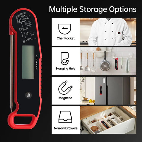 Digital Meat Thermometer For Cooking With Instant Read In Under One Second And Nine Tenths Fahrenheit Accuracy With Thermocouple Sensor IP67 Waterproof No Fuss Auto Rotating Display Auto Wake Up Red, featuring multiple storage options for ease of use in kitchens.