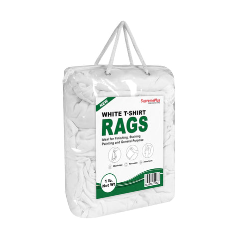 White T Shirt Cleaning Rags 1 Pound Bag Multipurpose Shop Rags For Cleaning Staining Painting Oil Grease And Dust Great For Home Garage Workshop Bulk 100 Percent Cotton T Shirt Rags in clear packaging with label