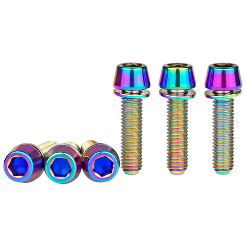 Rainbow titanium bike stem bolts with washers, M5x18mm, pack of 6. Ideal for road and mountain bikes, high-strength and corrosion-resistant.