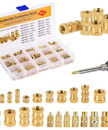 DIY Ready Heated Insert Kit With 1 Hot Iron Rod And 7 Tip Inserts Including M2 M2.5 M3 M4 M5 M6 M8 And 330 Brass Knurled Nuts for Plastic and 3D Printing Projects, displayed with iron rod and brass inserts.