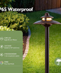 3CCT Low Voltage Landscape Path Lights With Adjustable 2700K 3000K 4000K Color Temps 12V 3.87W Outdoor Walkway Lighting Durable ORB Die Cast Aluminum Weatherproof Garden Lights With Connectors 4 Pack Easy Install showing IP65 waterproof design in garden