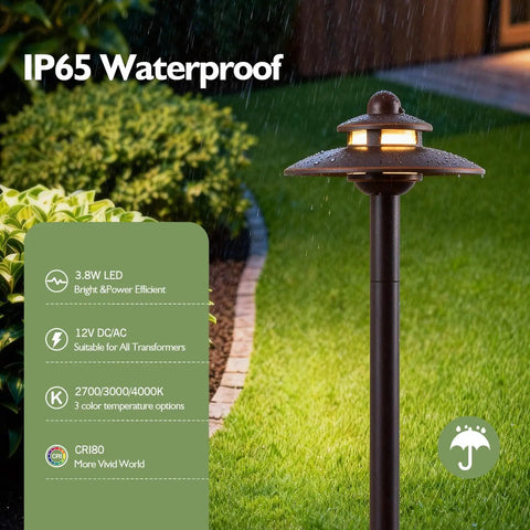 3CCT Low Voltage Landscape Path Lights With Adjustable 2700K 3000K 4000K Color Temps 12V 3.87W Outdoor Walkway Lighting Durable ORB Die Cast Aluminum Weatherproof Garden Lights With Connectors 4 Pack Easy Install showing IP65 waterproof design in garden