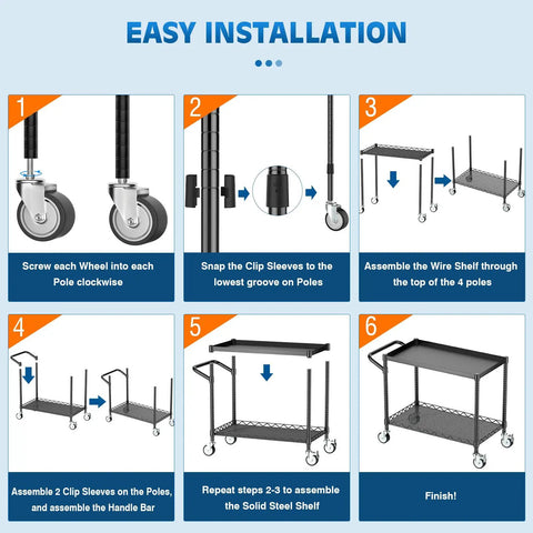 Step-by-step assembly of Heavy Duty Two Tier Utility Cart On Wheels With Handle For Warehouse Garage And Kitchen NSF Certified