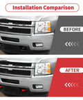 Before and after image of Flag Style Tow Hook Covers for 2007 to 2019 Chevy Silverado 2500 and 3500 HD Trucks installation
