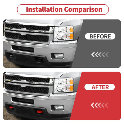 Before and after image of Flag Style Tow Hook Covers for 2007 to 2019 Chevy Silverado 2500 and 3500 HD Trucks installation