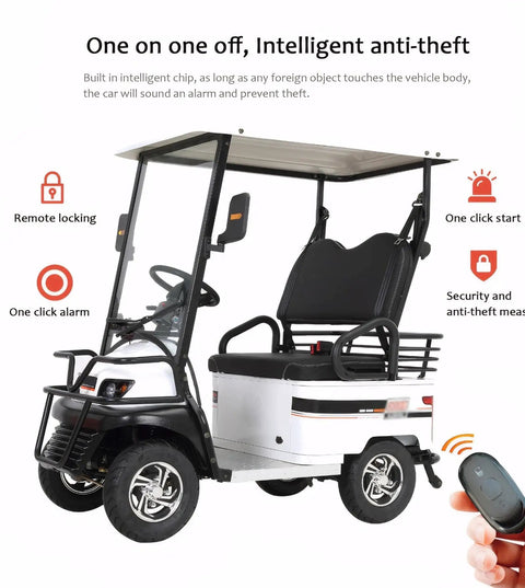 Adult Two Seater Electric Golf Cart With Dope 800W Motor And Hella Spacious Cargo Tray Smooth For Beach Cruising Or Serious Farm Grind Rock Solid Sixty Volt Power Tops Twelve Mph with anti-theft features.