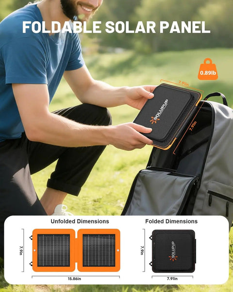 Man placing 10W Solar Panel Charger With USB A And USB C Fast Charging For Camping On The Go And Hiking into backpack