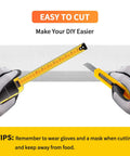 Ceramic fiber blanket insulation, 48x16x1 in, being cut with a yellow utility knife by gloved hands