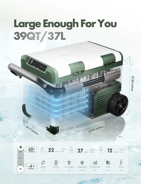 Dual Zone 39 Quart 12 Volt Portable Car Refrigerator With Independent Temp Control showing detailed capacity, dimensions, and green design.