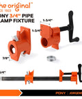Front and side views of a PONY 2-pack orange 3/4 in pipe clamp fixture with black handles.