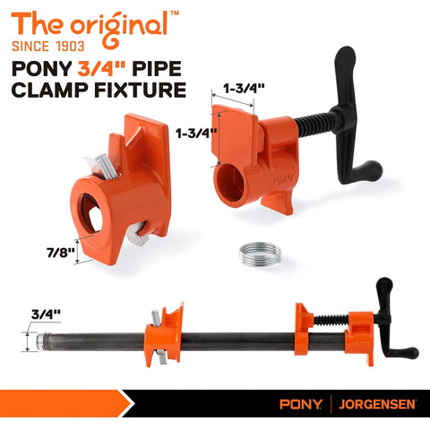 Front and side views of a PONY 2-pack orange 3/4 in pipe clamp fixture with black handles.