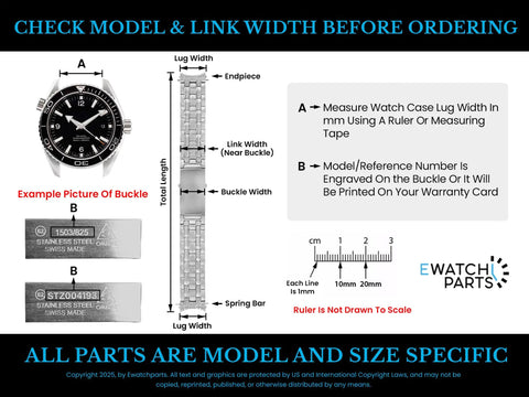 Link Pin And Tube Kit For Omega Speedmaster Bands 3513.50 sizing guide with watch and bracelet details