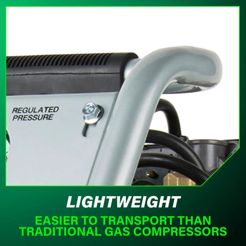 Close-up of Ultra Quiet 1 Gallon Oil Free Portable Air Compressor handle showing compact lightweight design.