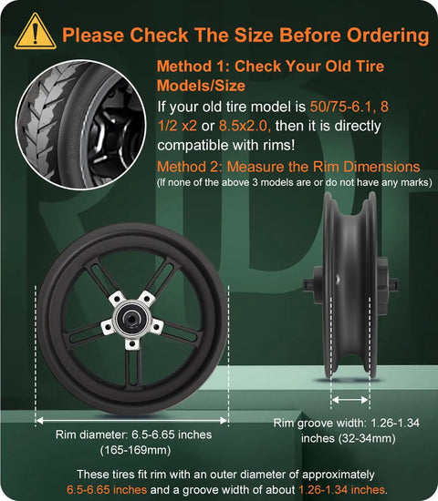 2 Pack 50/75-6.1 Electric Scooter Tire and Tube Replacement Set chart showing tire sizing and fit guidelines for rims