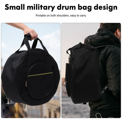 Road Ready Snare Drum Case And Gig Bag With Badass Thickened Padding And Adjustable Shoulder Strap For Smooth Hauling Of Your 14 Or 15 Inch Snare In Sleek Matte Black, small military drum bag shown from two angles.