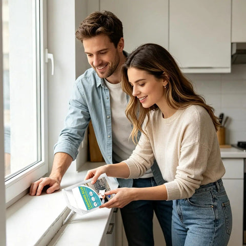 Couple using Pro Grade Premium Heavy Duty Concrete Filler With Waterproof Self Leveling Cement Paste for home repairs by a window.