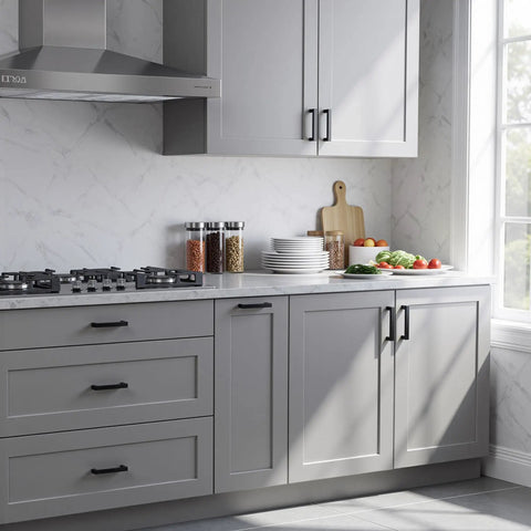 Kitchen with Six Pack Matte Black Stainless Steel Square Cabinet Pulls For Kitchen Cabinets, 3-3/4 Inch Hole Centers