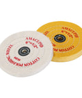 Premium 6 Inch Cotton Buffing Wheel Kit For Bench Grinders And Polishers featuring white and yellow wheels with 1/2 inch arbor.