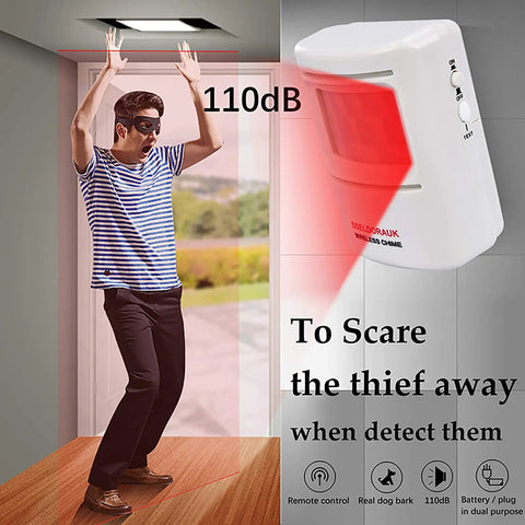 Demo of Wireless Dog Bark Alarm Motion Sensor Doorbell with PIR body detection, 110dB alert, thief intruder scenario.