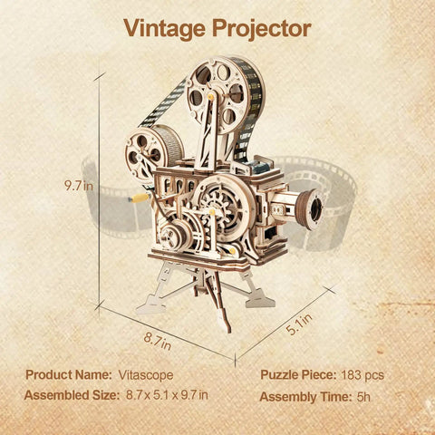 Vitascope 3D Wooden Puzzle Vintage Film Projector Model Kit With Hand Crank 183 Piece Wood Building Set For Adults And Teens Ideal Gift For Hobbyists And Movie Buffs, assembled 8.7 x 5.1 x 9.7 in
