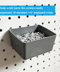 80 Piece Pegboard Hook Set With Bins And Locks For DIY Tool Organization, gray bin holding screws on 1/4 inch pegboard