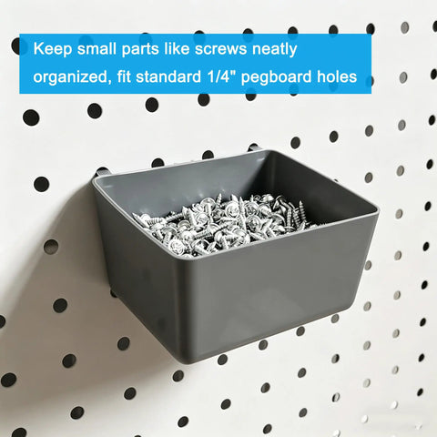 80 Piece Pegboard Hook Set With Bins And Locks For DIY Tool Organization, gray bin holding screws on 1/4 inch pegboard