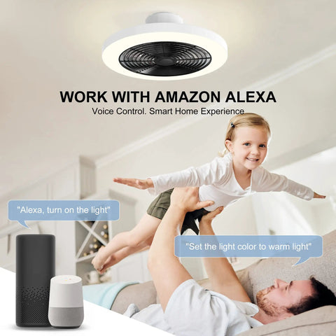 Dope Smart Ceiling Fan With Lights, Modern Ceiling Fan With Alexa showing app control in a bedroom with parent and child play