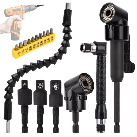 Tough As Nails 17 Piece Flexible Drill Bit Extension Kit With Pro Grade 360 Rotating Socket Adapter and Quarter Inch Hex Shank, showing various socket heads and flexible shaft.