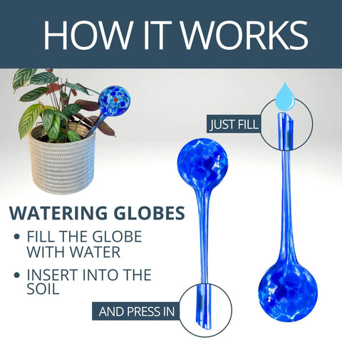 Glass Plant Watering Globes Set 2 Large 3 Small Self Watering Bulbs Spikes Easy Planter Insertion Indoor Outdoor Use Includes Free Soil Moisture Meter pH Meter Healthy No Fuss Plant Care, blue glass globe inserted in potted plant