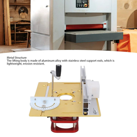 Rock Solid Router Lift Kit With Stainless Steel And Aluminum Alloy Hand Screw Adjuster For Woodworking Table Insert Plate 64 To 66 Millimeter Motor Base, showcasing lifting body and adjusting mechanism.