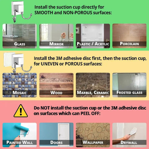 Guide for installing No Drill Suction Cup Hooks For Shower And Bathroom Glass Door Tile 2 Pack Chrome on various surfaces.