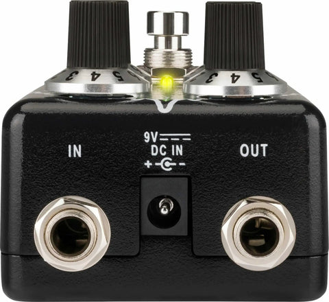 Back view of Kaiju Godzilla Distortion Pedal With Active Treble And Bass EQ Beefy High Gain Guitar Effects showing jacks and power input.