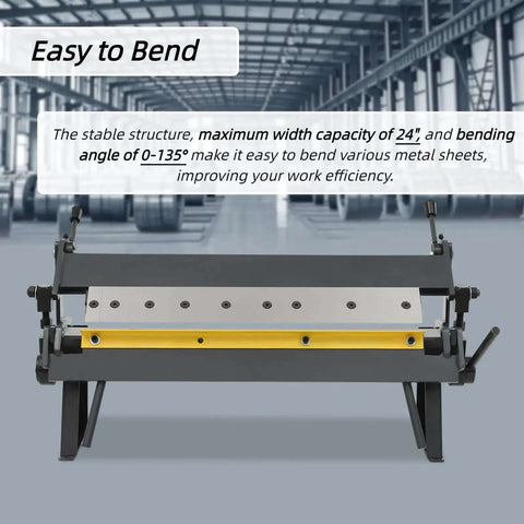 Image of a 24 Inch Sheet Metal Brake with 0 to 135 Degree Bending, showcasing its heavy-duty design and removable fingers for precise bends in a workshop