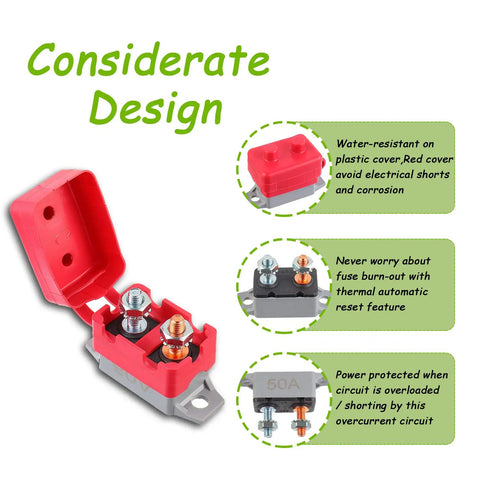 Built Tough 50A Automatic Reset Circuit Breaker Set For Cars Trucks And Battery Chargers shows water-resistant cover and electrical terminals.