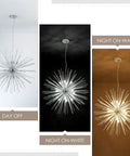 Three views showing a Sputnik Style 12-Light Chandelier In Polished Chrome Firework Design Pendant Lighting lit and unlit.