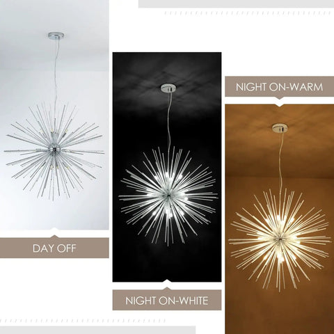 Three views showing a Sputnik Style 12-Light Chandelier In Polished Chrome Firework Design Pendant Lighting lit and unlit.