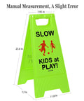 Bright Green Slow Down Kids At Play Sign For Street Caution Children Playing Outdoor Safety Sign For Driveways Yards And Neighborhood Roads 3 Pack Durable Weatherproof Plastic Set standing in front view, showing measurements.