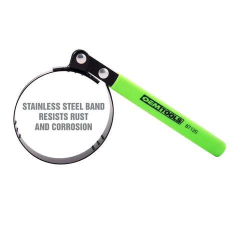 Adjustable Oil Filter Wrench For Spin On Filters Two And Three Quarters To Three And One Quarter Inches with green vinyl handle