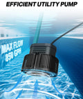 Above Ground Pool Cover Pump With Drainage Hose And 25 Foot Power Cord, Submersible Water Removal Pump, 850 GPH, in action underwater